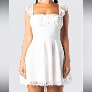 Finesse White Lace Lined Back Lace Up Tie Mini Slip Dress Women’s Size Small